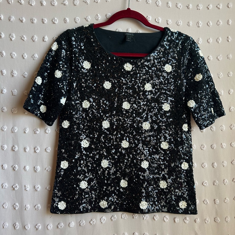 J. Crew Women’s Sequin Polka Dot Short Sleeve‎ Tee Sz S Black White